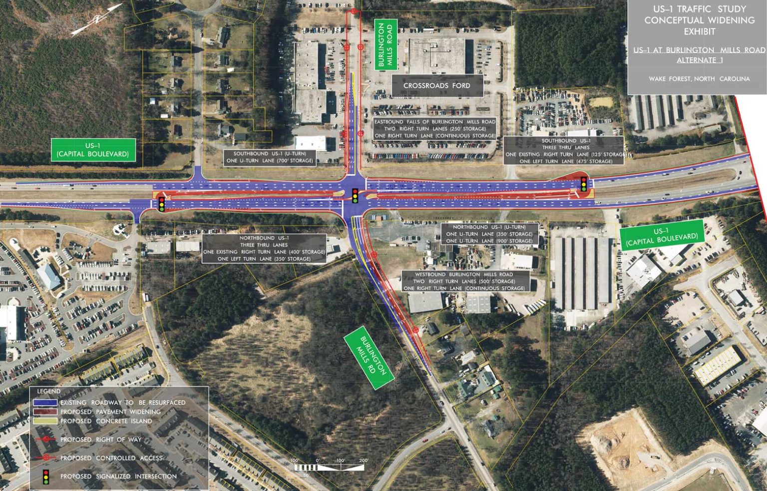 A conceptual map of proposed roadway improvements at the intersection of US 1 and Burlington Mills Road in Wake Forest, NC, detailing traffic lane adjustments and turn lane expansions.